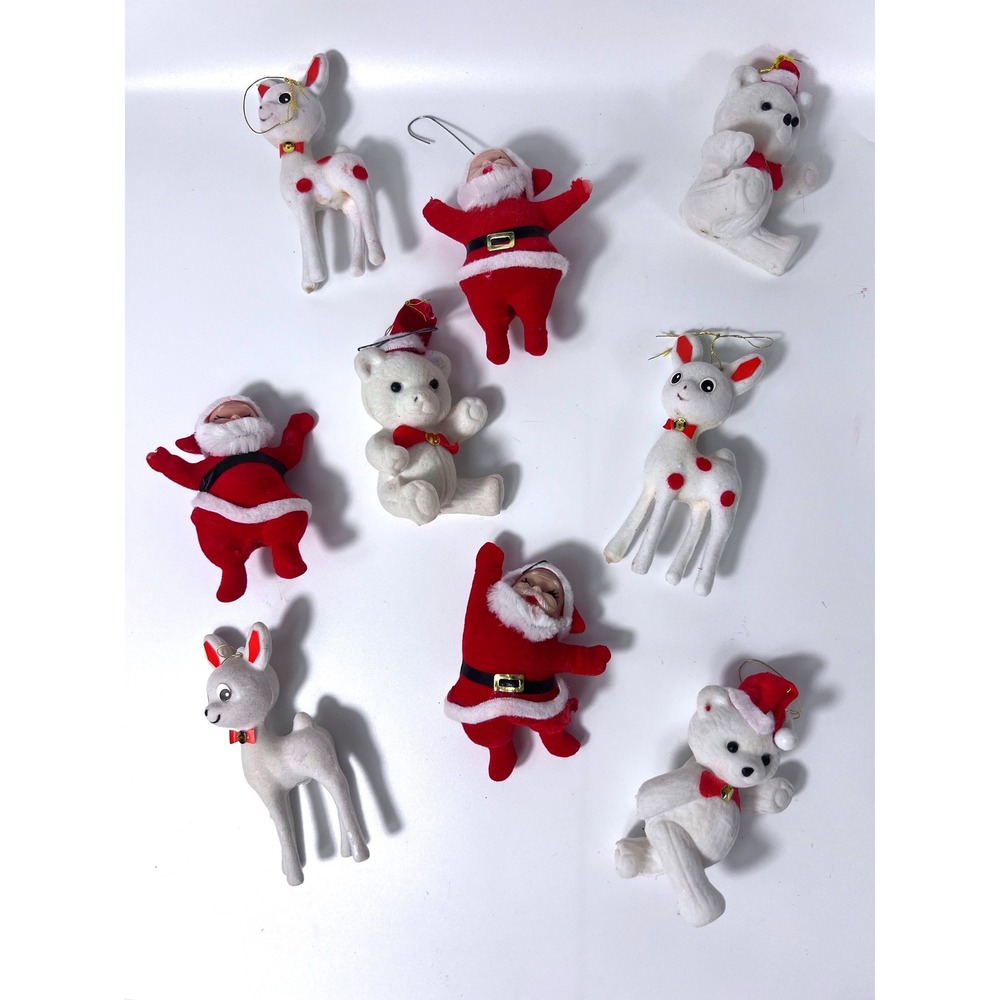 Vintage Flocked Christmas Ornaments Santa Bears Reindeer Red White Lot of 9